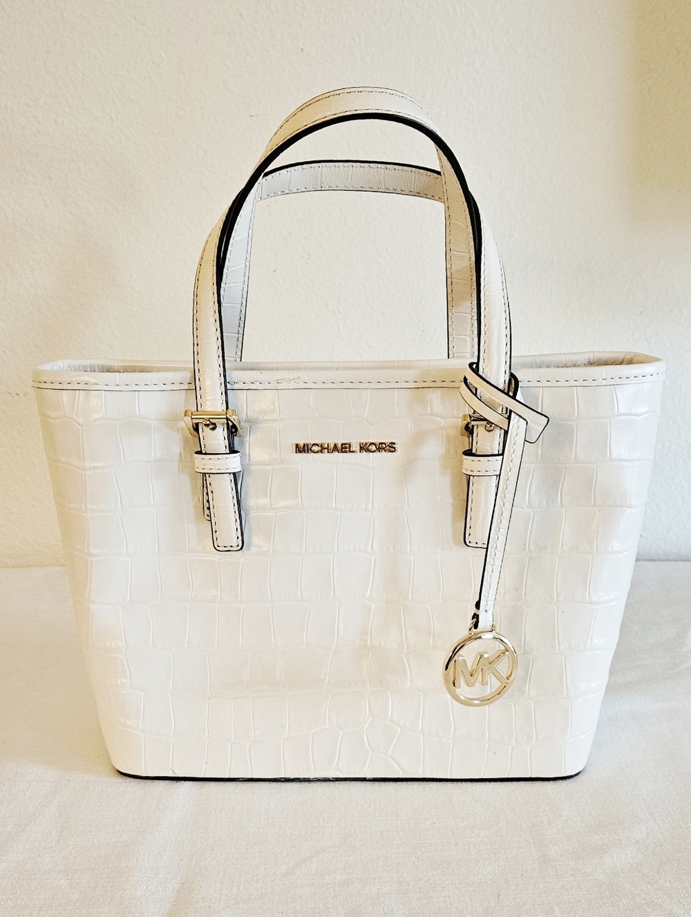 Michael Kors White Croc-Embossed Tote with Gold Hardware